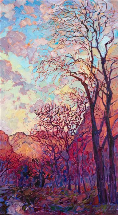 Zion National Park in the winter, painted in a loose impressionistic style, by Erin Hanson. Colorful Tree Painting, Erin Hanson, Contemporary Impressionism, Fauvism, Contemporary Abstract Art, Impressionist Art, Tree Art, Claude Monet, Tree Painting