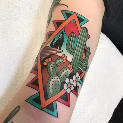 Desert landscape by Gary Gerhardt #GaryGerhardt #traditional #color #desert #cacti #cactus #cactusflower #flowers #sun #coyote #geometric #pattern #tattoooftheday Southwest Tattoo, Coyote Tattoo, Desert Tattoo, Arizona Tattoo, Scene Tattoo, Mexican Tattoo, Cactus Tattoo, Native Tattoos, Western Tattoos