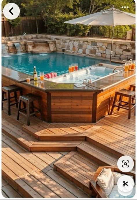 Above Ground Pool And Jacuzzi Deck, Elevated Pool Deck, Above Ground Pool Off Deck, Above Ground Pool Built Into Deck, Endless Pool Backyard Ideas, Above Ground Pool With Deck Ideas, Half Above Ground Pool, Above Ground Pool Landscaping Deck, Small Built In Pool