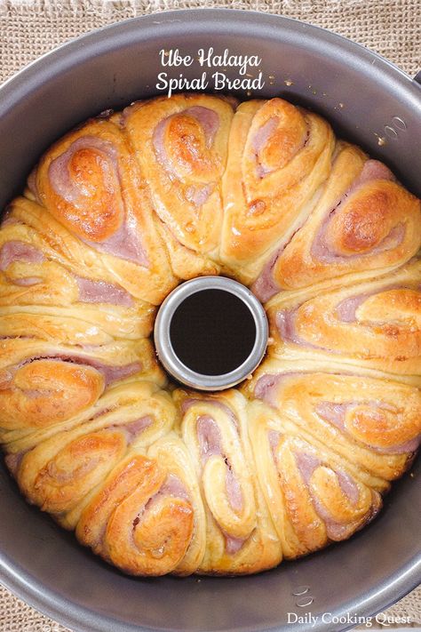 Let's bake some Asian milk bread with ube halaya (purple sweet potato) filling. This spiral version is super lovely, especially when baked in a tube pan. Cassava Cake Recipe Filipino, Ube Halaya Recipe, Ube Dessert Recipe, Ube Halaya, Ube Recipes, Tube Pan, Yam Or Sweet Potato, Filipino Food Dessert, Milk Bread Recipe