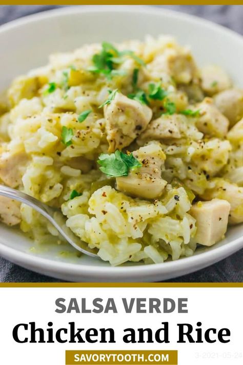 Try this quick and easy recipe for salsa verde chicken and rice — just 6 ingredients and 1 pot needed to make this tasty dinner. Salsa Verde Chicken And Rice, Recipe For Salsa, Easy Salsa Verde, Chicken Crispers, Different Chicken Recipes, Easy Chicken Chili, Chicken Chili Verde, Chicken Verde, Rice Meals