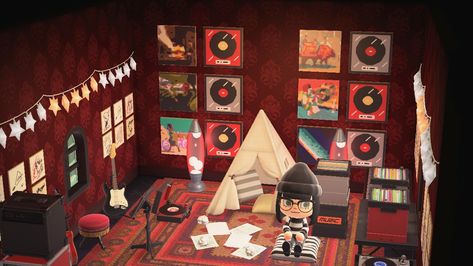 Animal Crossing: New Horizons Animal Crossing Art Studio, Acnh Music Studio, Animal Crossing Music Room, Animal Crossing Retro, Retro Animal Crossing, Edgy Rooms, Punk Bedroom, Grunge Room Ideas, Animal Crossing Music