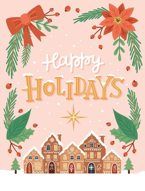 Happy holidays, greeting card with cute gingerbread houses and hand drawn lettering. Vector illustration in flat cartoon style Happy Holidays Graphic, Happy Holidays Design, Happy Holidays Graphic Design, Happy Holidays Typography, Christmas House Illustration, Happy Holidays Illustration, Gingerbread House Illustration, Cute Gingerbread Houses, Happy Holidays Card Design