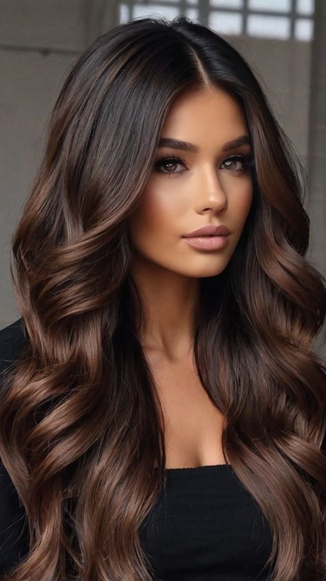 Fall hair colors dark Balayage Fall Hair, Hair Colors For Dark Hair, Balayage Fall, Fall Hair Colors Dark, Hollywood Glam Hair, Hair Colors Dark, Burgundy Balayage, New Year Hairstyle, Brunette Balayage