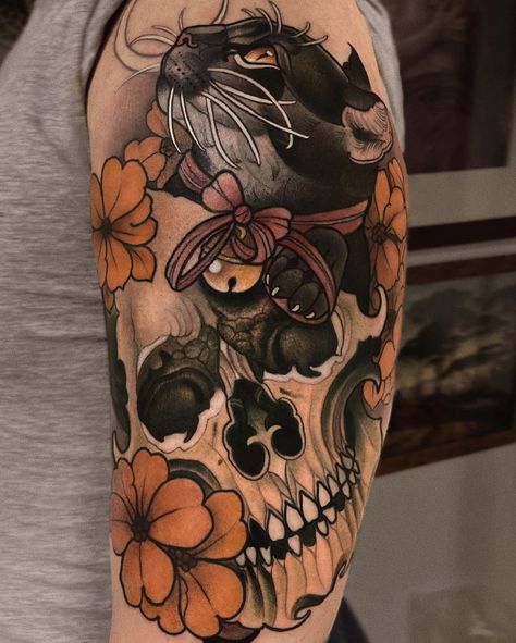 Cat Skull Tattoo, Neo Trad Tattoo, Skull Hand Tattoo, Food Tattoos, Books Open, Aries Tattoo, Tattoo Ideas For Men, Fire Tattoo, Trending Ideas