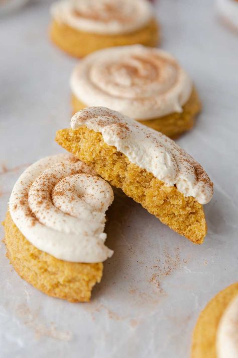 Frosted Crumbl Caramel Pumpkin Cookies Copycat Recipe - Lifestyle of a Foodie Crumbl Cookie Recipe, Crumble Cookie Recipe, Caramel Pumpkin, Pumpkin Cheesecake Bars, Pumpkin Cookie Recipe, Pumpkin Spice Cookies, Thanksgiving Cookies, Pumpkin Caramel, Gourmet Cookies