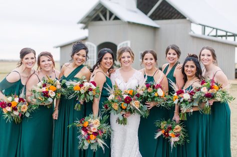 American-Indian Wedding at The Allen Farmhaus | Reiley and Rose | Central Texas Floral Designer | fall wedding, texas wedding inspo, colorful fall wedding, wedding floral inspo, wedding party, emerald bridesmaids dresses, green bridesmaid dresses, bridal party | via reileyandrose.com Emerald Bridal Party, Peacock Green Wedding, Bridesmaids Dresses Green, Autumn Wedding Dress Bridesmaid, Emerald Bridesmaids, Bridesmaids Green, Fall Inspired Wedding, Colorful Fall Wedding, Emerald Green Bridesmaid Dresses