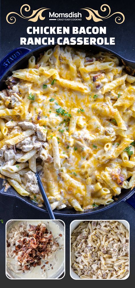 This chicken bacon ranch casserole is loaded with juicy chicken, smoky bacon, and pasta tossed in a creamy ranch sauce. Top it with cheese and you'll be obsessed with this easy dinner! Shredded Chicken Bacon Ranch, Meals With Bacon, Chicken Bacon Ranch Pasta Casserole, Creamy Ranch Sauce, Costco Chicken Bake, Bacon Ranch Casserole, Costco Chicken, Ranch Casserole, Ranch Sauce