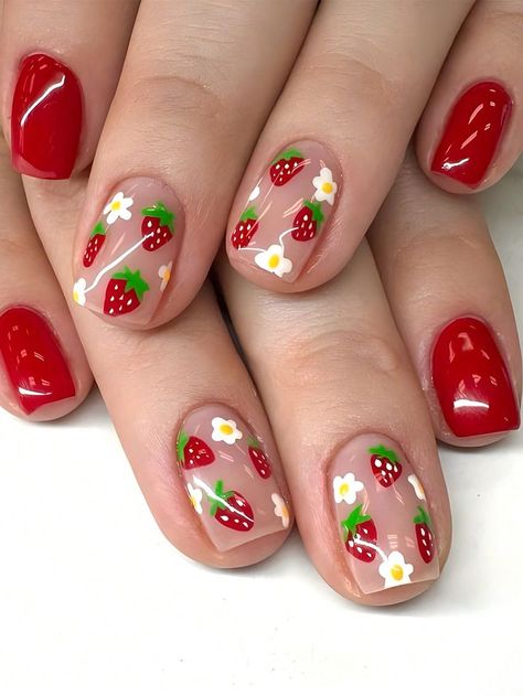 Nail Art Plants, Straw Berry Nails, Nails Short Almond Summer, Nail Art Designs Birthday, Strawberry Themed Nails, Cute Nail Designs For Short Nails, Red Strawberry Nails, Red Cute Nails, Gel Nails With Flowers