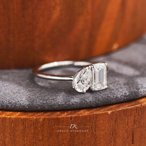 Emerald Cut And Pear Engagement Ring, Assymetrical Engagement Rings, Asymmetrical Engagement Rings, Asymmetrical Ring Engagement, Asymmetrical Wedding Ring, Diamon Ring, Asymmetrical Engagement Ring, Asymmetrical Ring, Emerald Ring Engagement Diamond