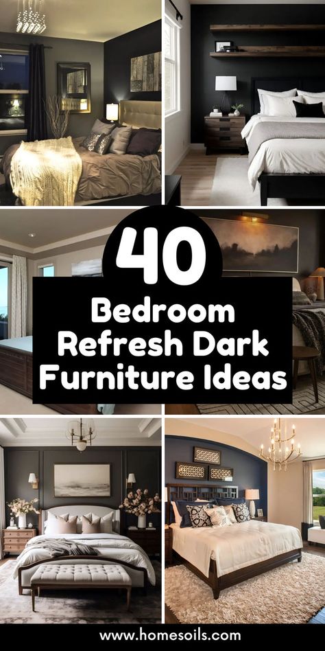 Transform your bedroom with 40 dark furniture ideas that exude sophistication and style. From Modern Palm Springs to Eclectic Vintage Hideaways, discover how to create a serene and elegant retreat with dark wood, metal frames, and moody textiles. Elevate your space today! #BedroomDecor #DarkFurniture #HomeDesign Dark Brown Bedrooms, Dark Wood Bedroom Furniture, Dark Gray Bedroom, Dark Wood Bedroom, Dark Wood Bed, Dark Brown Furniture, Bedroom Decor Dark, Dark Bedroom Furniture, Dark Wood Furniture