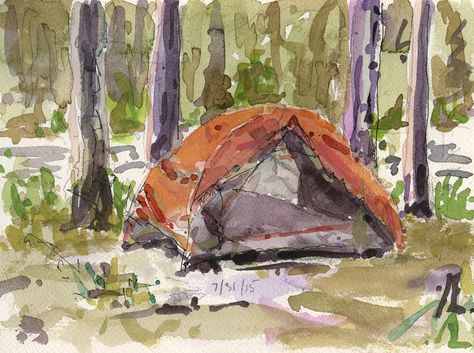 Watercolor Camping Scene, Watercolor Tent, Camp Watercolor, Camping Watercolor, Tent Drawing, Kayak Art, Urban Drawing, Camping Drawing, Women's Retreat