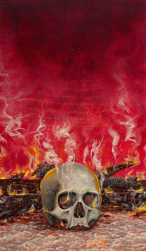 Chris Achilleos, Burning Skull, Skeleton Art, Wallpaper Animes, Skull Wallpaper, Pulp Art, A Skull, Creepy Art, Sci Fi Art