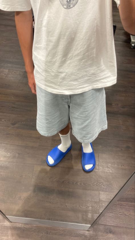 #fashion #aesthetic #yeezy #yeezyslides #yeezys #blue #baggyclothes #jortsstyle #jorts #fit #carhartt Blue Yeezy Slides Outfit, Yeezy Slides Outfit, Slides Outfit, Yeezy Slides, Baggy Clothes, Jansport Backpack, Fashion Aesthetic, Pretty Outfits, Outfit Of The Day