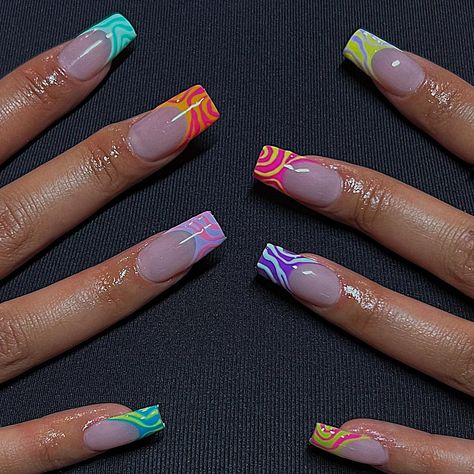 Mismatched Acrylic Nails, Mixed Match Nails, Mix Match French Tip Nails, Summer Nail Color 2023, Acrylic Nails Square Medium, Nail Color 2023, Two Different Colored Nails On Each Hand, Different Design On Each Nail, Nail Color Summer