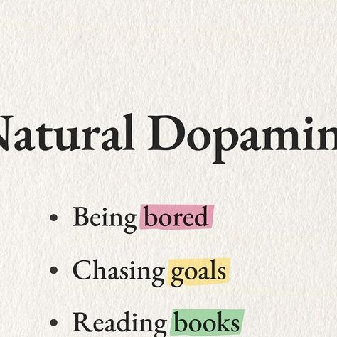 Tj Power | Neuroscientist on Instagram: "Boost your dopamine naturally now by reading this👇  1. Being bored 😑  Boredom feels uncomfortable due to our addiction to the dopamine stimulation from phones and sugar. Allowing yourself to be bored lets your brain recharge its dopamine.  2. Reading books 📚  Notice the difference between reading and scrolling social media. Reading brings a more of a sense of satisfaction, a natural dopamine boost, because it requires effort. Even a few pages is amazing.  3. Pursuing goals 📈  Chasing goals naturally boosts dopamine, similar to how it motivated our ancestors to hunt and gather. As you progress towards them, dopamine levels rise.  4. Turning off phone 📴  Notifications, social media, and online shopping spike and crash dopamine. Turning off your p Low Dopamine Morning Routine, Dopamine Quotes Funny, Natural Dopamine, Increase Dopamine And Serotonin, Chasing Dopamine Quotes, Boost Dopamine, Quick Dopamine Boost, Dopamine Boost, Dopamine Detox