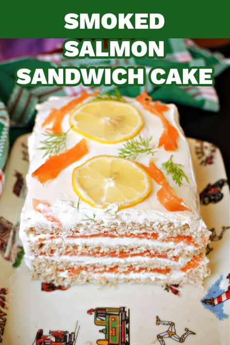 Inspired by the Swedish smorgastarta, this delicious sandwich layer cake is made with smoked salmon and cream cheese to create the perfect party food that will have everyone ask for seconds. Quick, super easy to put together, my sandwich cake is as tasty as it looks. Swedish Smorgastarta, Salmon Loaf Recipes, Swedish Sandwich, Smoked Salmon And Cream Cheese, Sandwich Cakes, Salmon And Cream Cheese, Smoked Salmon Sandwich, Yummy Sandwiches, Salmon Cream Cheese