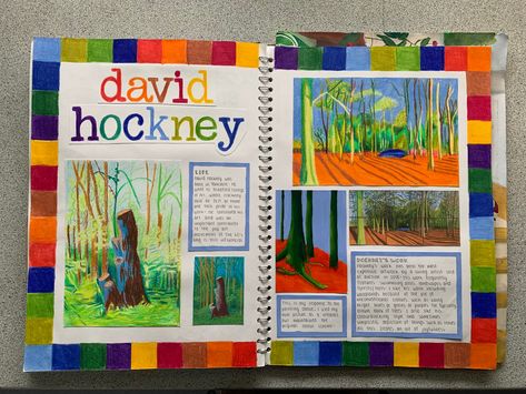 Double Page Artist Research, David Hockney Gcse Sketchbook, Gcse Art Background Ideas, David Hockney Gcse Art Page, David Hockney Research Page Gcse, Artist Information Page Gcse, Artist Copy Page Gcse, David Hockney Artist Research Page Gcse, Gcse Artists