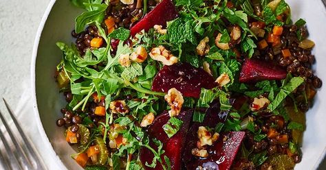 Puy lentil salad with beetroot & walnuts Puy Lentil Salad, Vegetarian Nutrition, Bbc Good Food, Dairy Free Eggs, Walnut Salad, Lentil Salad, Bbc Good Food Recipes, Vegan Salad, Healthy Gluten Free