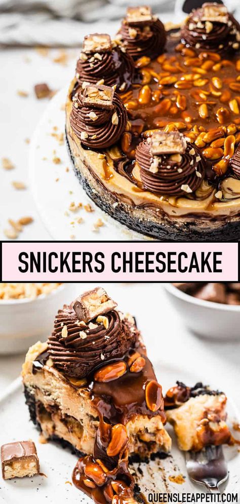 Snickers Cheesecake Recipe, Snickers Cheesecake, Chocolate Ganache Frosting, Baked Cheesecake, Ganache Frosting, Chocolate Cheesecake Recipes, Peanut Butter And Chocolate, Peanut Butter Cheesecake, Caramel Cheesecake