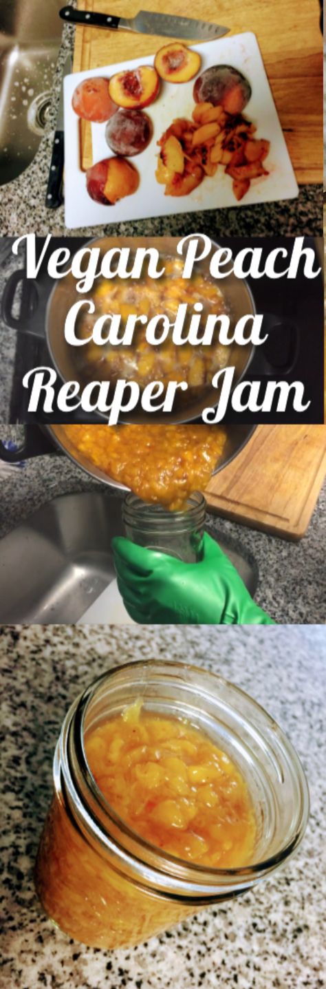 Vegan Peach Carolina Reaper Jam Carolina Reaper Peach Jam, Peach Carolina Reaper Sauce, Carolina Reaper Jelly Recipe, Reaper Pepper Recipes, Carolina Reaper Recipe, Garden Canning, Habanero Recipes, Hot Pepper Recipes, Canning Jam Recipes