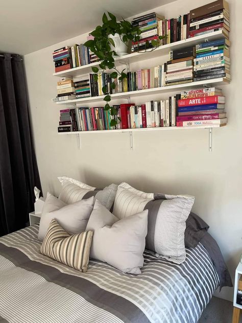 Book Shelf Ideas Above Bed, Book Shelf Bedroom Wall, Two Shelves Above Bed, Bedroom Wall Decor Above Bed In Corner, Book Shelf Over Bed Ideas, Book Shelves Over Bed, Over Bed Bookshelves, Corner Shelf Above Bed, Bookcase Above Bed