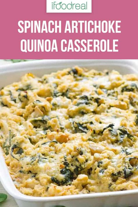 Spinach Artichoke Quinoa Casserole Recipe is packed with vegetarian protein, chock full of vegetables and super easy to make. If you love spinach artichoke dip, you will love this creamy bake. #ifoodreal #cleaneating #healthy #recipe #dinner #casserole #quinoa Artichoke Quinoa, Quinoa Casserole Recipes, Healthy Dinner Casseroles, Vegetarian Casserole Recipes, Delicious Vegetarian Dinner, Quinoa Casserole, Quinoa Recipes Healthy, Vegetarian Casserole, Vegetarian Protein