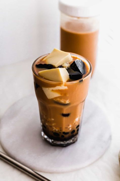 CoCo-Inspired Egg Custard Bubble Tea | Sift & Simmer Classic Milk Tea, Brown Sugar Milk Tea, Bubble Tea At Home, Milk Tea Recipe, Egg Pudding, Brown Sugar Milk, Tea Egg, Grass Jelly, Milk Tea Recipes