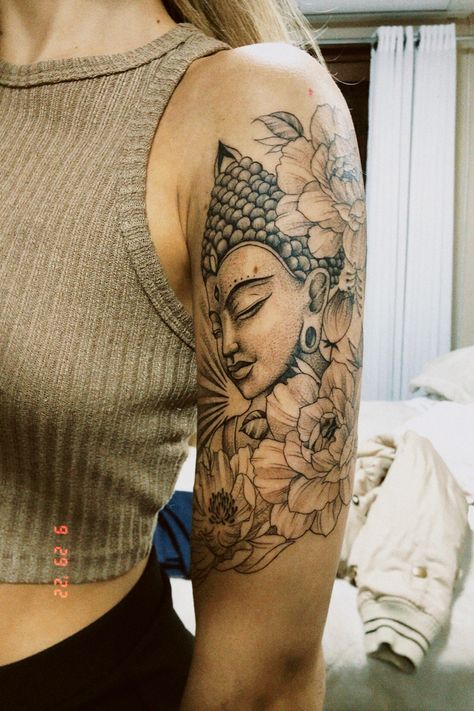 Sleeve Tattoos For Women Buddha, Zen Tattoo Sleeve For Women, Lotus Flower Buddah Tattoo, Budha Sleeve Tattoo Design, Buddha Woman Tattoo, Buddah Tattoo Sleeve Women, Tara Buddha Tattoo, Half Sleeve Tattoos For Women Upper Arm Spiritual, Vietnamese Buddha Tattoo