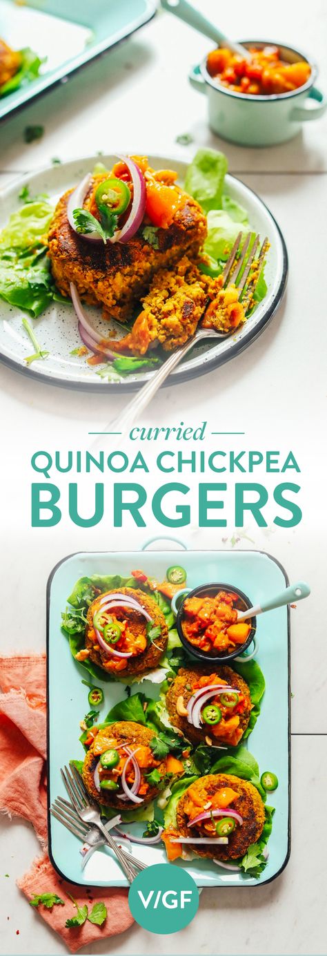 DELICIOUS Curried Chickpea Burgers! 10 ingredients, BIG flavor, SO satisfying! #vegan #glutenfree #curry #burger #recipe #minimalistbaker Curry Burger, Curried Quinoa, Indian Night, Chickpea Burgers, Gluten Free Entrees, Chickpea Burger, Dry Chickpeas, Curry Spices, Burger Recipe