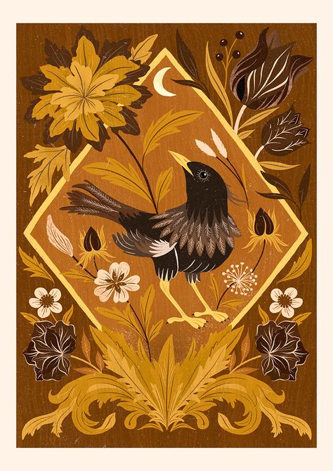 A folk art style print featuring a blackbird and autumnal foliage, in the style of decorative marquetry. Woodland Folk Art, Dark Folk Art, Storybook Art Illustrations, Deer Folk Art, Moth Folk Art, Faerie Folk Art, Folk Victorian House, Folk Illustration Forests, Folk Art Owl Illustration