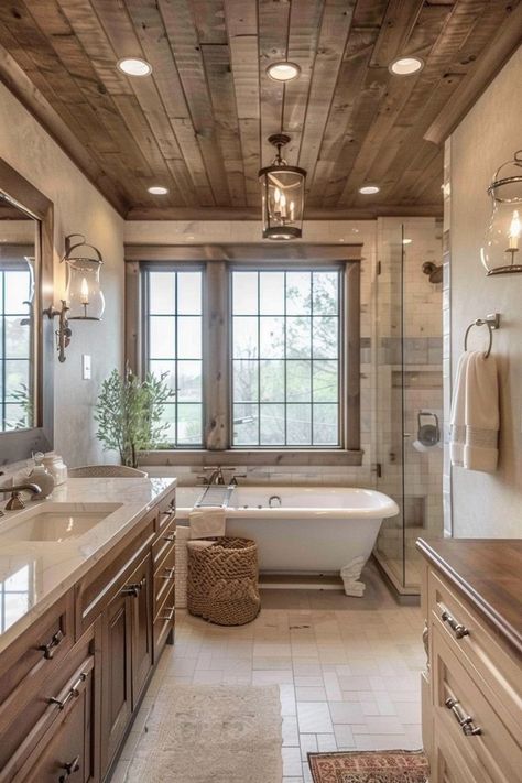 Embracing Charm: 10 Perfect Guide to Cottage Home Designs – Decomagz Farmhouse Mansion, Modern Farmhouse Master Bath, Farmhouse Master Bath, Rustic Modern Bathroom, Barndo Ideas, Style Bungalow, Snug Room, Dream Cabin, Barn Style House Plans