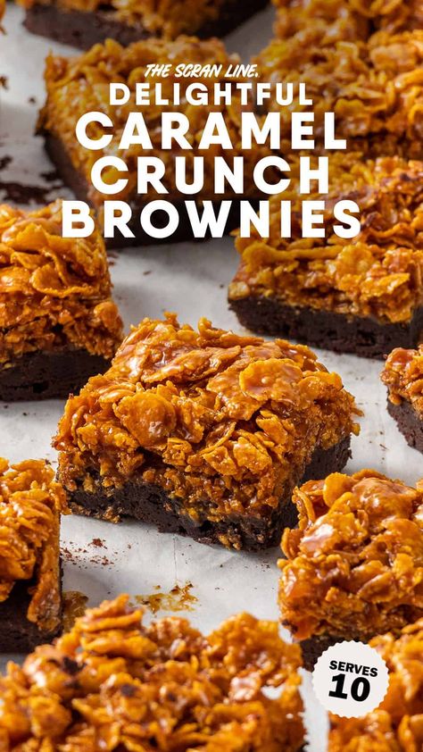 Caramel Crunch Brownies Crunch Brownies, Chocolate Breakfast, Caramel Crunch, Caramel Brownies, Cooking Chocolate, Baking Tins, Brownie Recipes, Yummy Food Dessert, Bars Recipes