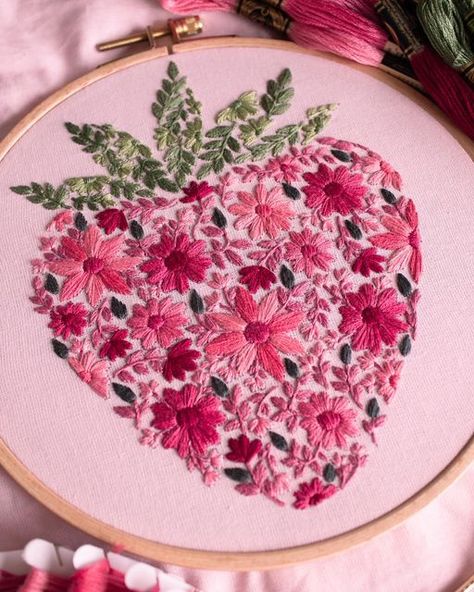 Aly Ploof on Instagram: "Good morning lovelies! I’m excited to announce “Berry in Bloom” is now live in shop 🍓🌸 The pattern is now available for all you fruit lovers & it’s actually a surprise reveal in that I stitched it on a pink tote bag! I’ll be releasing a handful of kits as some point tomorrow (I’m just collecting some last floss colours) as well 🫶🏻 What do you guys think of this new design? I know it got a lot of kind words during the wip phase, so I’m excited to where what you guys think now that it’s all finished! 🍓🌺 You can find the pattern linked in my stories or in my shop (link in my bio) 🌿" Fruit Embroidery Design, Embroidery On Pink Fabric, Cross Stitch Tote Bag, Flower Stitches, Relaxing Hobbies, Tote Bag Embroidery, Fruit Embroidery, Strawberry Embroidery, Pdf Embroidery Pattern