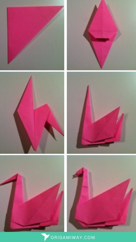 An origami pink paper swam Origami Swan Step By Step, Swan Craft, Swan Origami, Sticky Note Origami, Paper Swan, Origami Swan, Origami Step By Step, Origami Diagrams, Cd Crafts