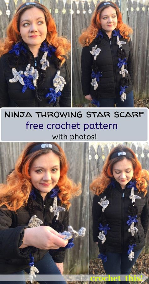 If you love anime, geek crochet and crafts, or are just looking for a unique crochet project, then you will love this ninja throwing star (shuriken) scarf crochet pattern!  The pattern is FREE, easy, and has lots of photos to guide you through each motif!  I was inspired by Naruto, one of my favorite series of all time, to make this quirky accessory.  It's also a great gift for boys, if you're looking for good "crochet for guys" patterns!  Crochet this scarf with my FREE pattern now! Crochet Gifts Patterns, Cinderella Sewing, Ninja Throwing Star, Crochet Gift Patterns Free, Geek Crochet, Beginner Knit Scarf, Make A Hat, Mermaid Hat, Knitting Gifts