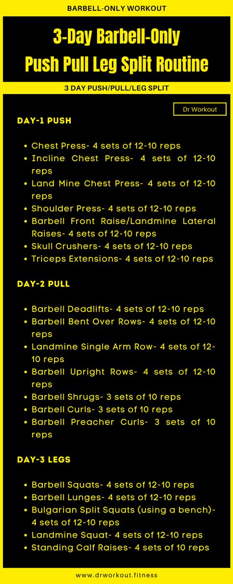 Barbell Push Pull Leg Workout Routine Push Pull Leg Dumbbell Workout, Push Pull Legs Dumbbell Only, Barbell Leg Day, Leg Split Workout, Push Pull Legs Workout Plan Men, Push Pull Workout Routine, Push Pull Legs Routine, Dr Workout, Push Pull Legs Program