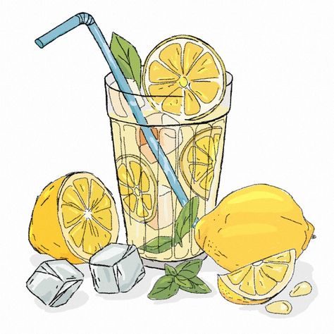 Lemonade With Mint, Lemon Drawing, Food Illustration Art, Water Drawing, Drawing Supplies, Creative Journal, Tea Art, Lemon Water, Seal Stamps