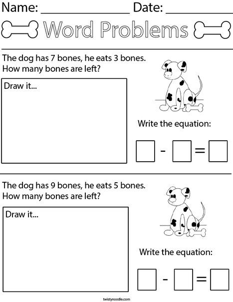 Dog Subtraction Word Problem Math Worksheet - Twisty Noodle Word Problem Subtraction Grade 1, Math Word Problems 1st Grade, Subtraction Word Problems Grade 1, Subtraction Word Problems Kindergarten, Story Problems Kindergarten, Kindergarten Word Problems, Word Problems For Kindergarten, Word Problems Kindergarten, Simple Word Problems