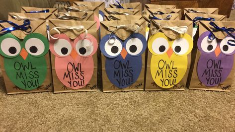 Owl Miss You goodie bags! Goodie Bags For Students From Teacher, Gifts For Students From Student Teacher Goodbye, Goodbye Gift For Preschool Students, Going To State Goodie Bags, Owl Miss You Gifts Student, Owl Goodie Bags, Owl Miss You, Preschool Seasons, Koala Cake