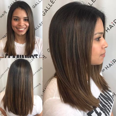 This Sleek Cut with Subtle Layers and Brunette Balayage is a great look for someone seeking a classic feminine style. This layered cut can be worn sleek and straight, with textured waves or curls, or with a simple blowout for body and movement. The soft brunette balayage color gives this look some sexy but subtle definition. Styling tips for this medium length layered haircut and other similar long hairstyles, long bobs, and hair color ideas can be found at Hairstyleology.com Hair Color Ideas For Brunettes Balayage, Balayage Straight Hair, Medium Length Hair Straight, Haircuts For Long Hair With Layers, Brunette Balayage, Haircuts For Wavy Hair, Trendy Hair Color, Balayage Brunette, Long Layered Hair