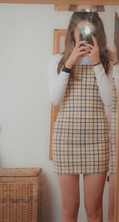 cutest yellow check dress with a roll neck white top. obsessed🥰 cute aesthetic. summer. Regular Outfits, Checkered Outfit, Yellow Aesthetic Pastel, E Girl Outfits, White Shirt Outfits, Jumper Outfit, Cream Skirt, Preppy Academia, Yellow Hoodie