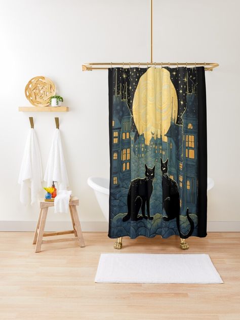 "Black Cats on Rooftop" Shower Curtain for Sale by Pixelchicken | Redbubble Black Cat Shower Curtain, Cat Shower Curtain, Curtains For Sale, Designer Shower Curtains, Black Cats, Online Stores, Black Cat, Shower Curtain, Curtains