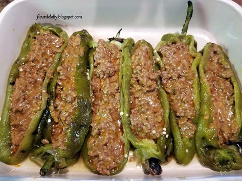 Fleur de Lolly: Baked Beef Chile Rellenos Chili Relleno With Ground Beef, Chile Relleno Tacos, Chilles Rellenos Recipe, Crispy Chili Relleno Recipe, Relleno Recipes, Chili Relleno Bake, Chili Relleno Recipe, Chili Rellenos Casserole, Beef Chile