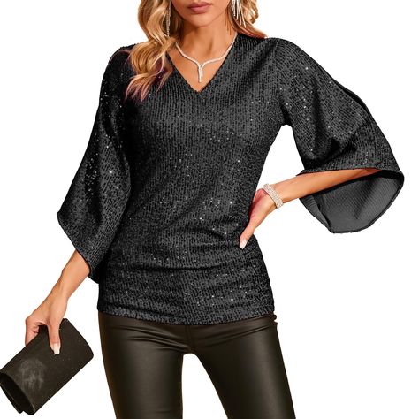 PRICES MAY VARY. Size: The sequin tops for women are designed with a slim fit and low stretchy. If you want the dressy top loose to wear, please choose one size up. V Neck: The sparkly tops for women party night are designed with V-neck that not only adds a flirty and feminine touch but also highlights your neckline while the glittering details add a touch of sparkle to your outfit. Casual and simple style with v neck design, makes you look adorable and elegant. 3/4 Sleeve: The women's sparkly s Cheap Sequin Tops For Women, Long Sleeve Sequined Tops, Cheap Sequined Blouse For Party, Cheap Long Sleeve Evening Tops, Affordable Women's Evening Blouse, Cheap Glamorous Tops For Parties, Affordable Black Glamorous Blouse, Cheap Evening Tops From Forever 21, Cheap Glitter Tops For Women