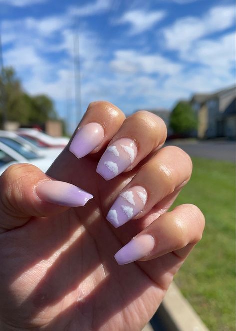 Acrylic Nail Designs Medium Length Purple, Purple Cloud Nails Acrylic, Medium Length Gel Nails Ideas, Purple Peach Nails, Purple Sunset Nails, Cloud Nails Short, Cute Acrilyc Nail Ideas, Cute Acrylic Nail Designs Medium Length, Purple Cloud Nails