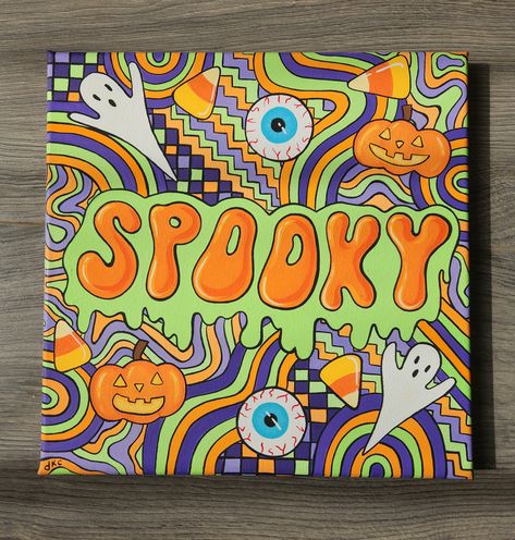 "\"Spooky\" trippy Halloween original painting by Destiny Kay Cavacece. Hand painted with acrylic paint on 10'' x 10'' stretched canvas and sealed with acrylic coating." Halloween Art Decorations, Halloween Paintings On Canvas Aesthetic, Retro Halloween Painting, Halloween Abstract Painting, Halloween Paintings On Canvas For Kids, Spooky Acrylic Painting Ideas, Fall Tree Painting Acrylic Easy, Halloween Cartoon Painting, Halloween Ideas Drawings