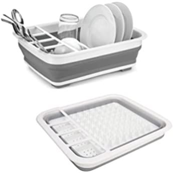 Creative Kitchen Collapsible Dish Drainer, White/Grey 37 x 31 x 6.5 cm : Amazon.co.uk: Home & Kitchen Kitchen Sink Stand, Draining Board, Drying Rack Kitchen, Kitchen Ideals, Messy Kitchen, Cutlery Storage, Plate Storage, Space Saving Kitchen, Washing Basket