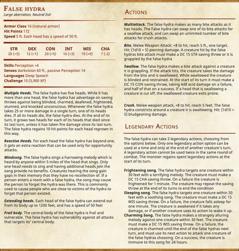 False Hydra, The Titan's Curse, Dnd Stats, Dnd Races, Dungeons And Dragons 5e, D D Monsters, Dnd Monsters, Cool Monsters, Dungeons And Dragons Characters