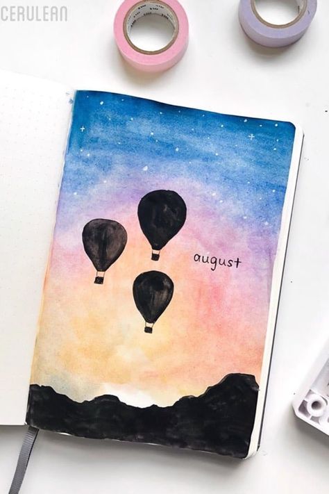 This monthly cover spread is so cute!! #bujocoverpage Acuarela Ideas, Sketch Book Cover Ideas, Monthly Cover Ideas, Sketch Book Cover, Bullet Journal Theme Ideas, Journal Theme Ideas, August Bullet Journal, Book Cover Ideas, Art Mini Toile